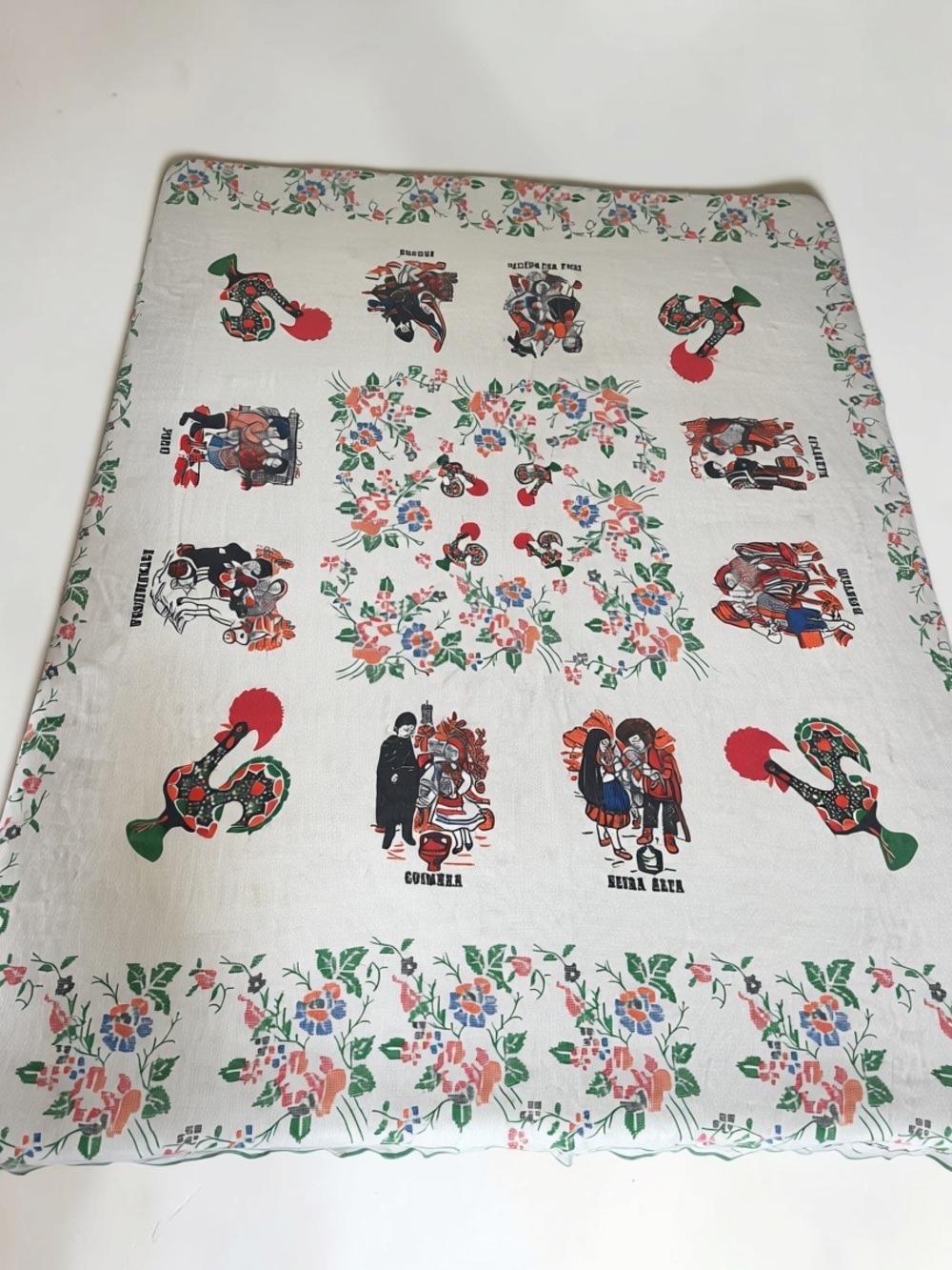 Vintage 52x52 Tablecloth Folk Art Floral Cross Stitch Style Square